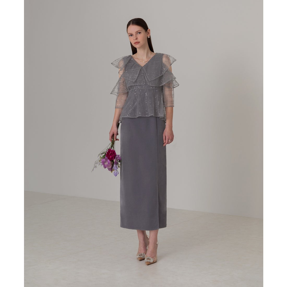 レジャ Leja 2WAYフリルチェックスパンコールベロアドレスワンピース