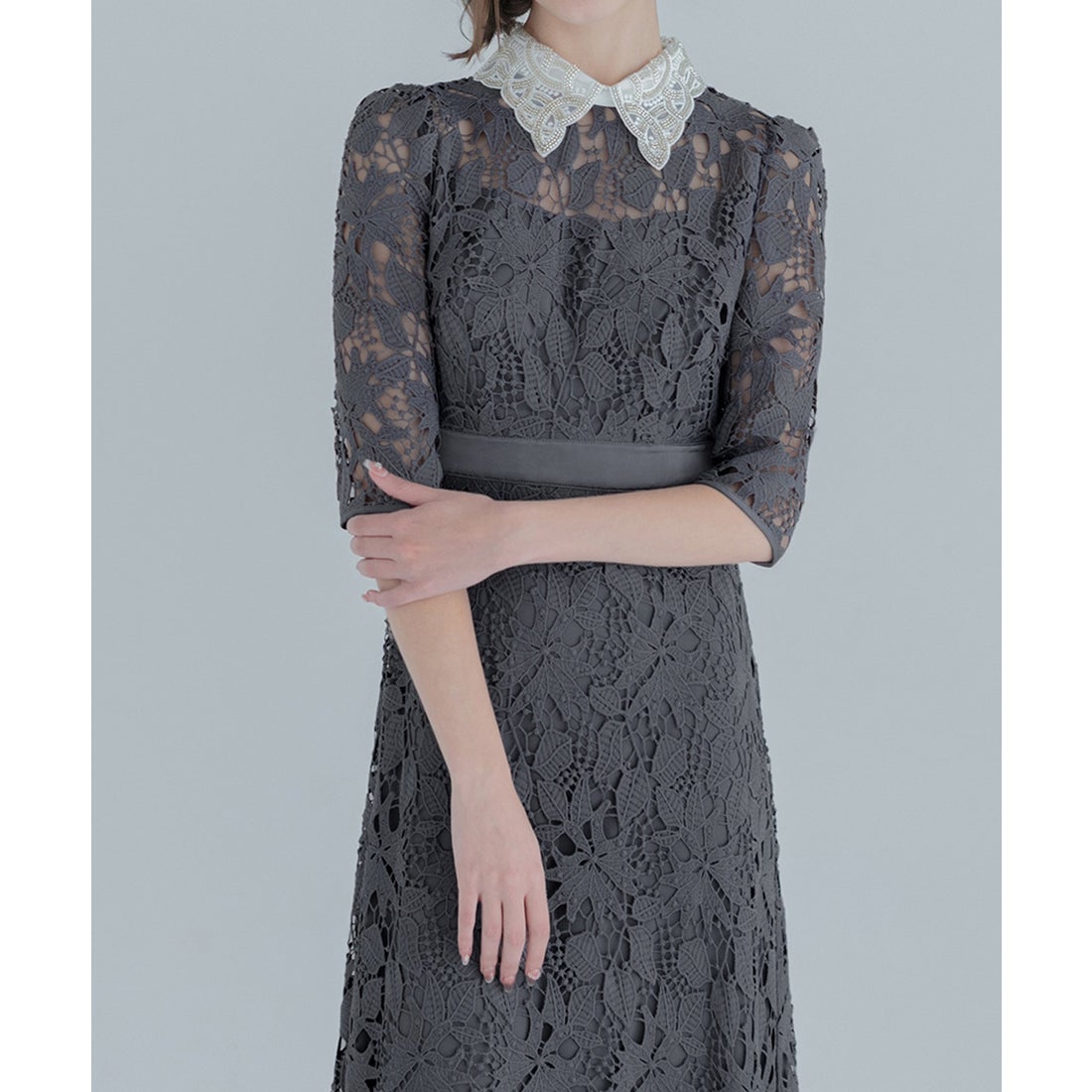 レジャ Leja 花柄レースビジューカラーAラインドレスワンピース美脚