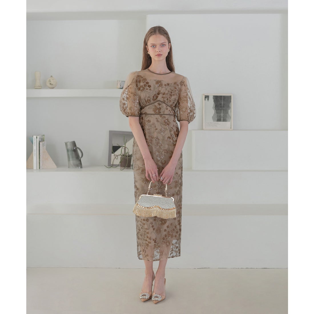 レジャ Leja フラワーディテールパフスリーブIラインワンピースドレス