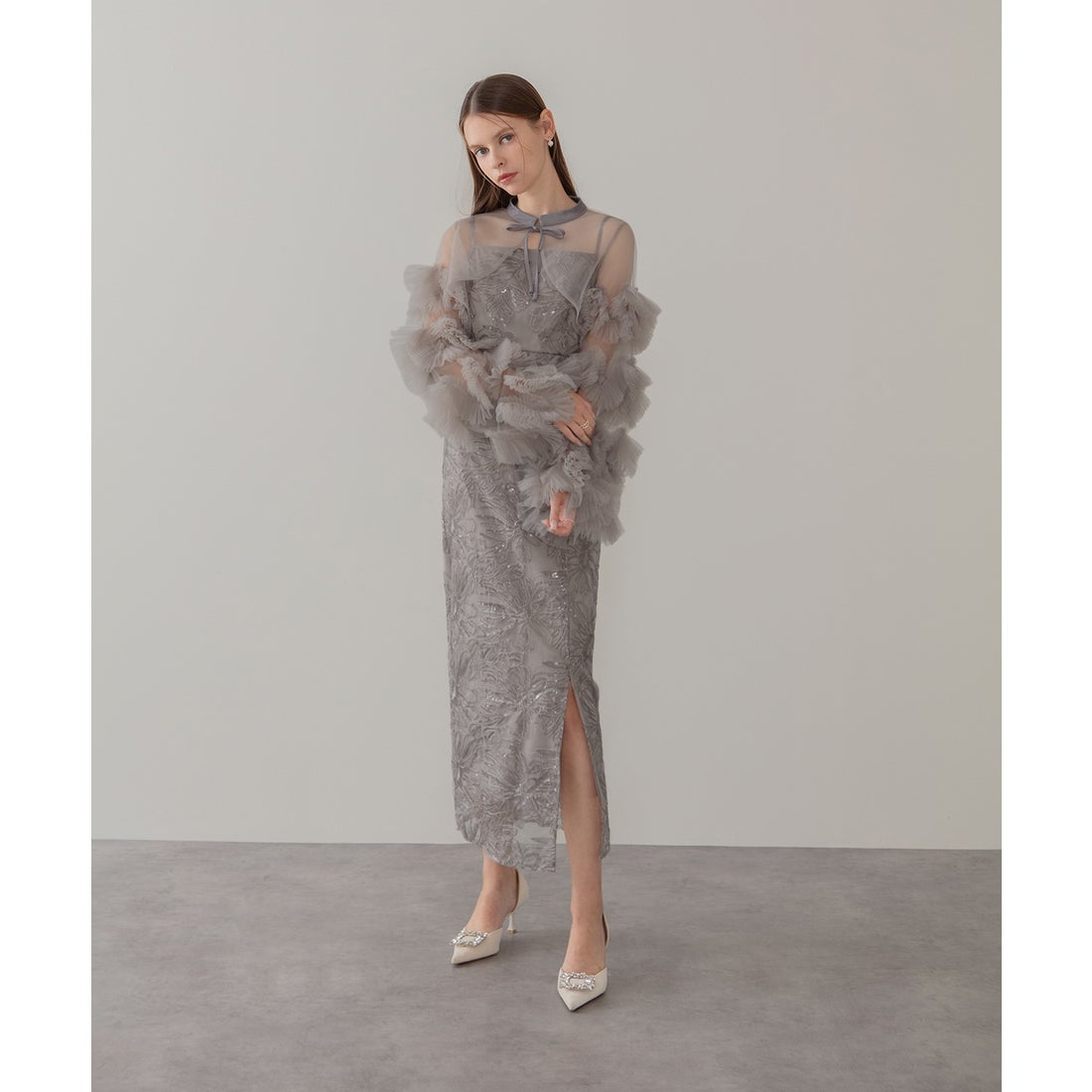 レジャ Leja フリルチュールスリーブリボンIラインワンピースドレス2点