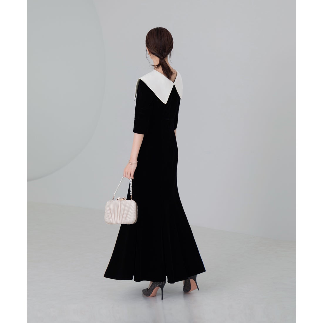 レジャ Leja 総レースケープデザインフレアスリーブウエストリボンA