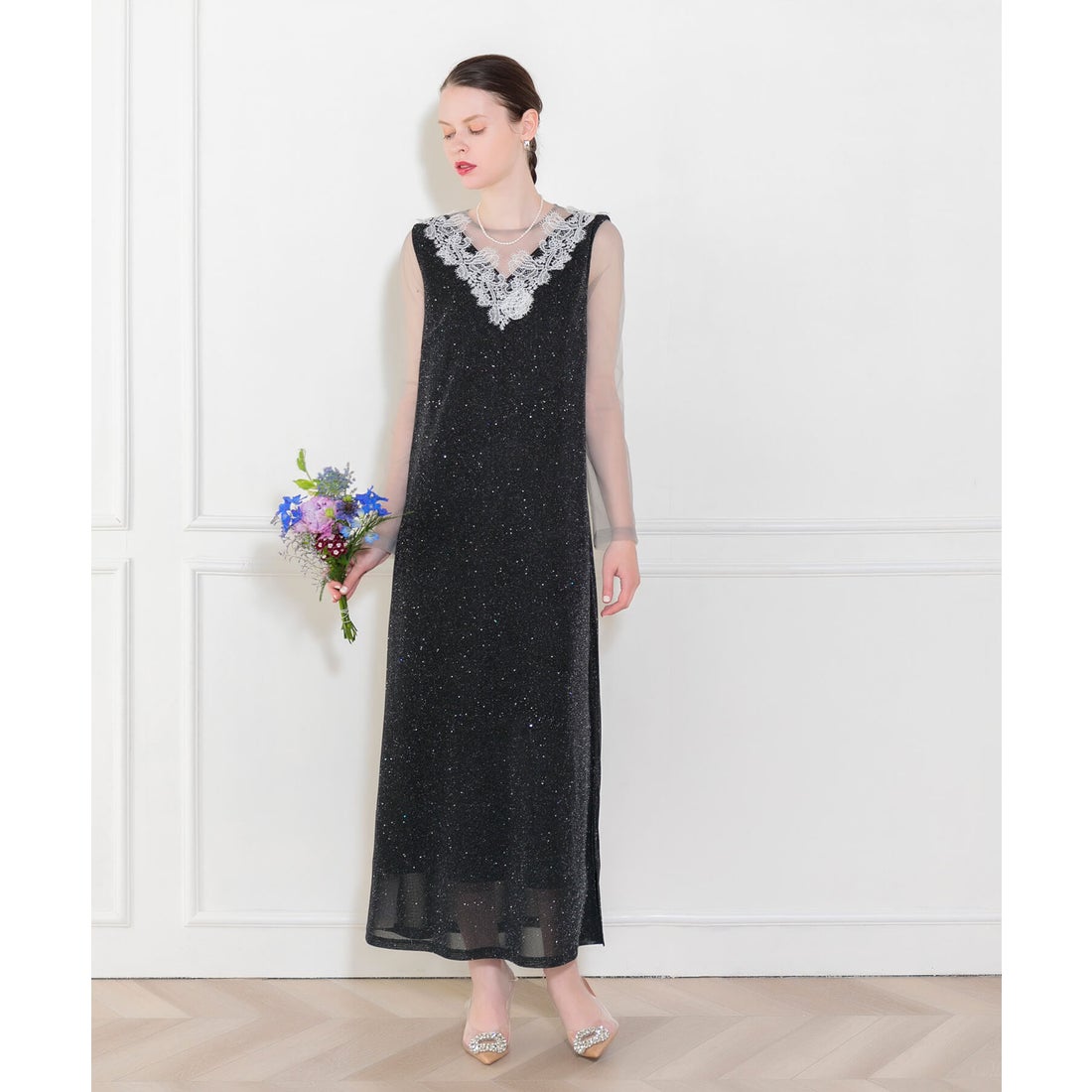 レジャ Leja レースネック透け袖スリットキラキラロングドレス