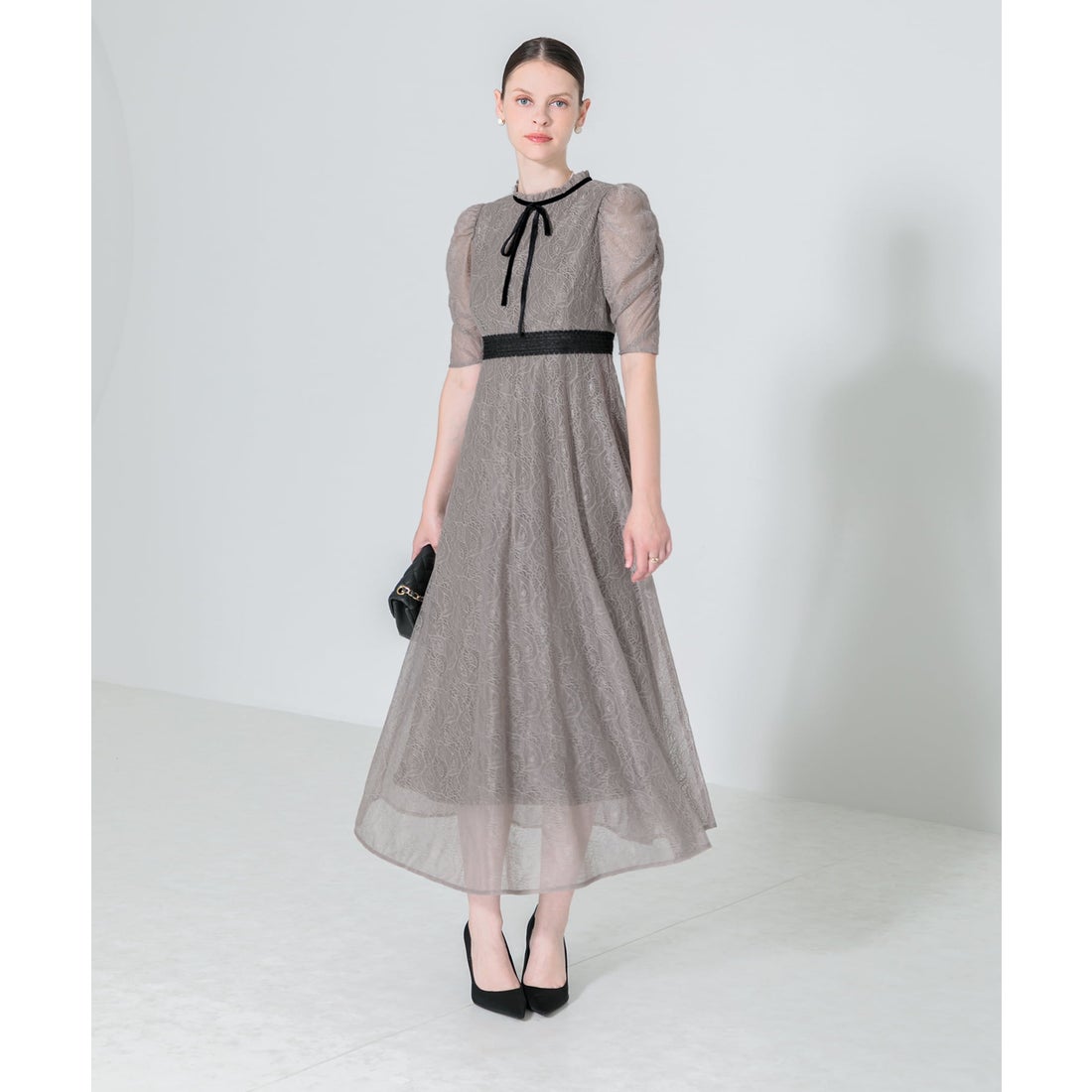 レジャ Leja ウエストマークパフスリーブ総レースロングドレス