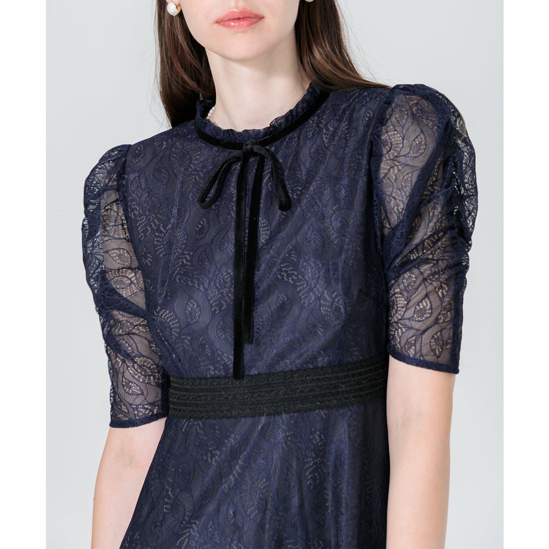 レジャ Leja ウエストマークパフスリーブ総レースロングドレス