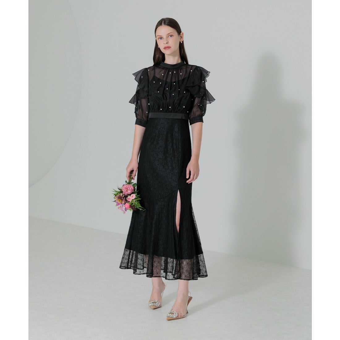 レジャ Leja 2WAYパール付きシアーレースバックリボンボレロスリット