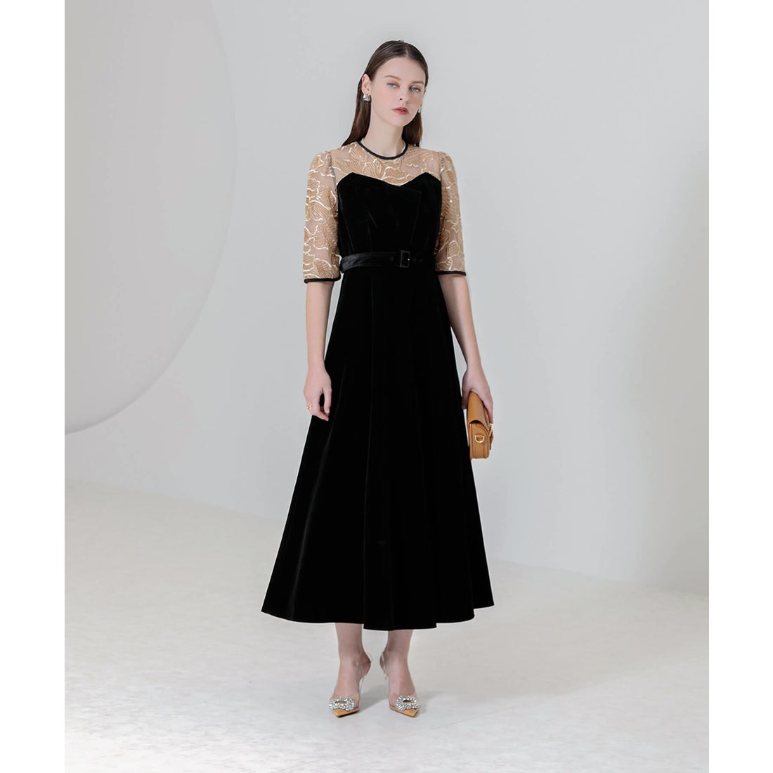 レジャ Leja ビスチェ風ウエストベルト付き花柄レースキラキラ刺繍