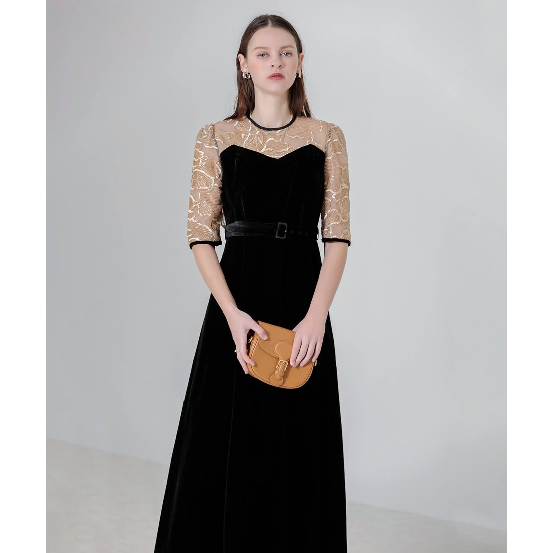 レジャ Leja ビスチェ風ウエストベルト付き花柄レースキラキラ刺繍