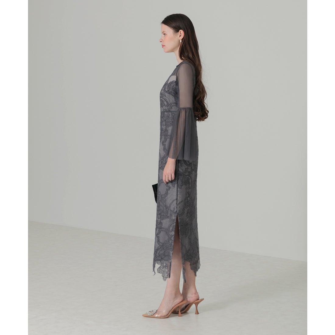 レジャ Leja 異素材シアー刺繍レース透け感プリーツスリーブIライン