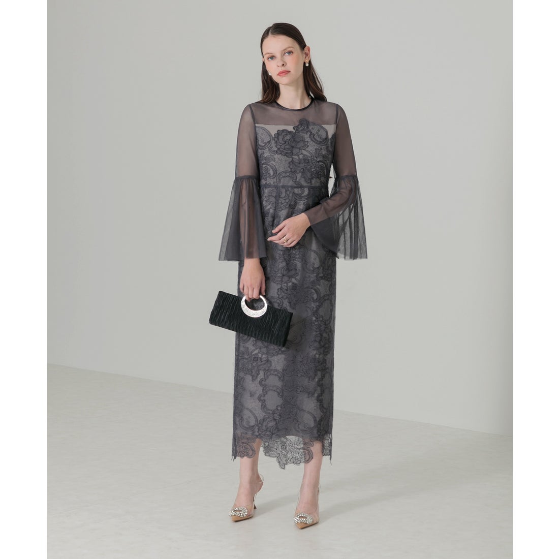 レジャ Leja 異素材シアー刺繍レース透け感プリーツスリーブIライン