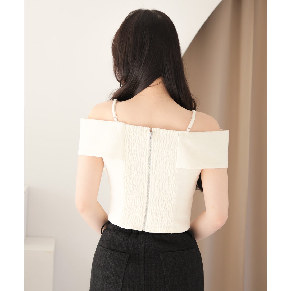 リップサービス LIP SERVICE ツイードリボンオフショルトップス