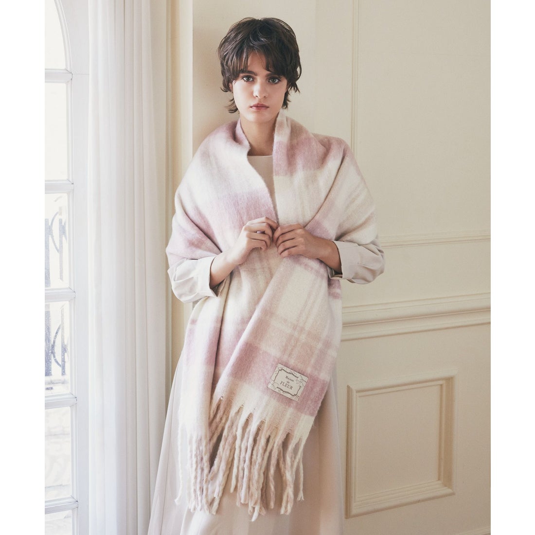 Maison de FLEUR チェックフリンジストール （ピンク） -靴