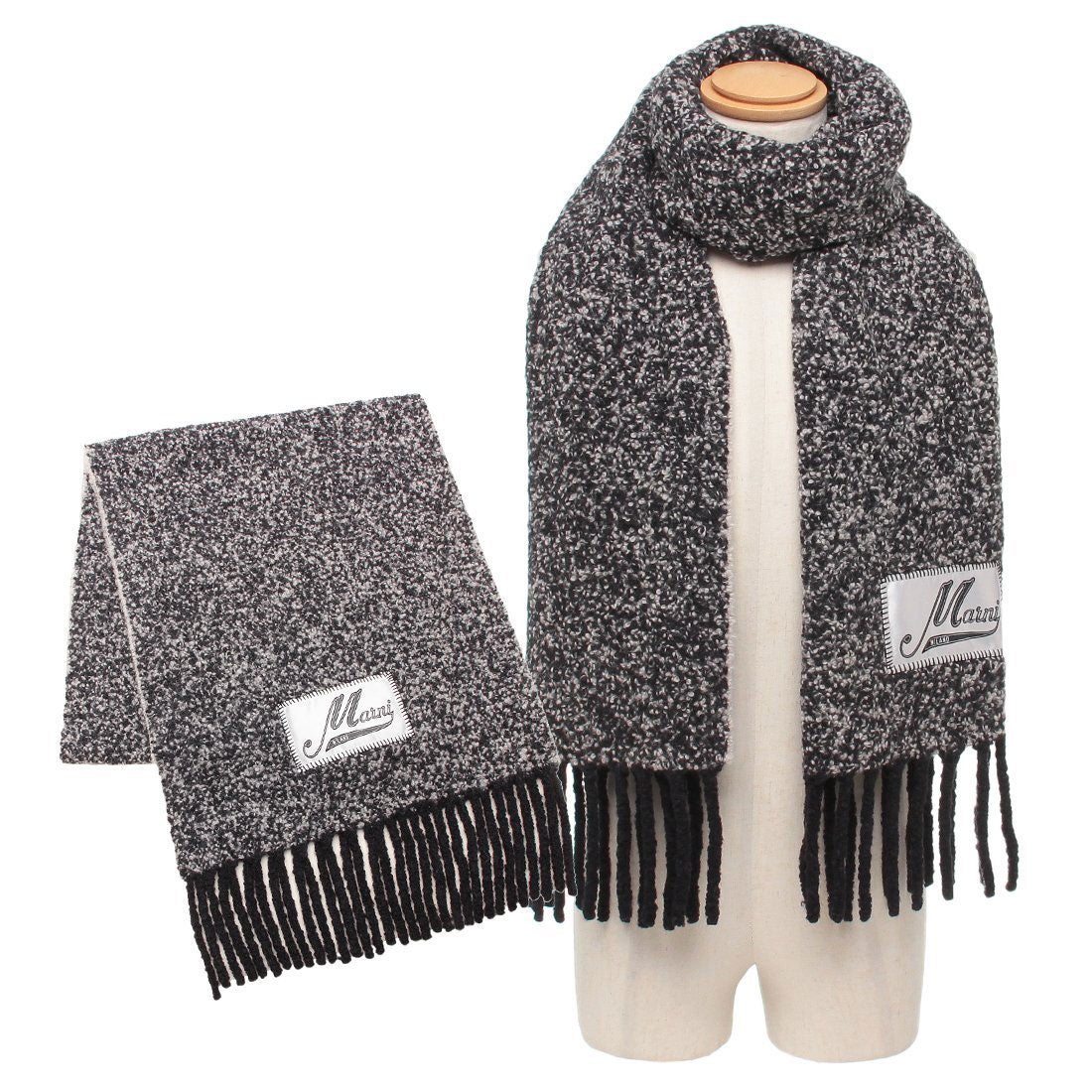 マルニ MARNI マフラー ブークレ織り フリンジ ロゴ グレー メンズ
