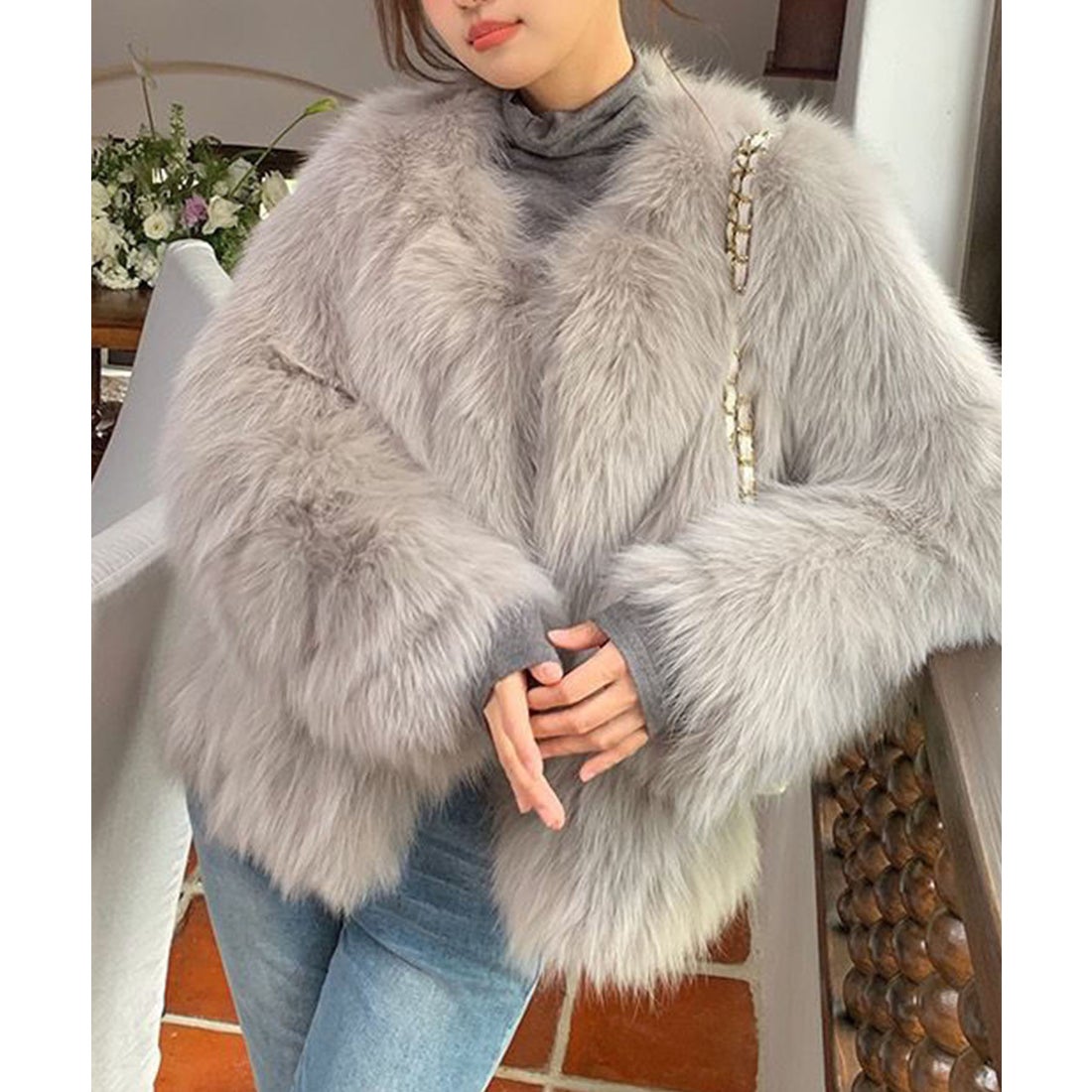 ミージェーン me Jane ノーカラーファーコート （グレー