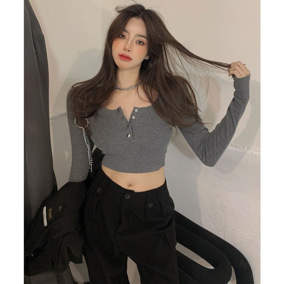 ミージェーン me Jane スナップボタンクロップド丈ロンT （グレー