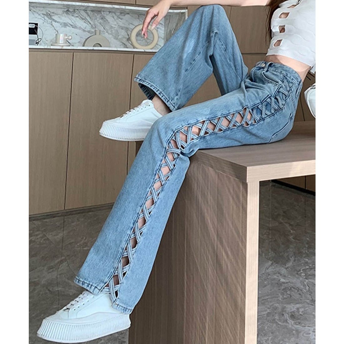 ミージェーン me Jane サイドレースアップデニムストレートパンツ