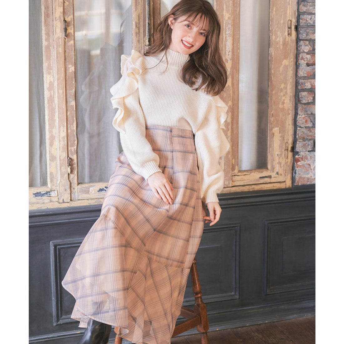 ノエラ NOELA 【WEB限定】シアーチェックスカート （ベージュ