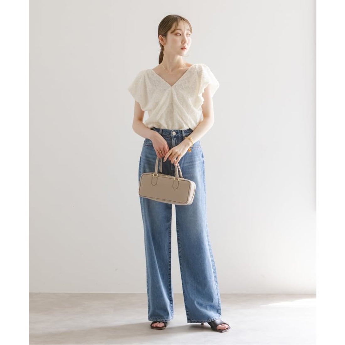 ノーブル NOBLE レオパードジャガードデコルテVブラウス （キャメル