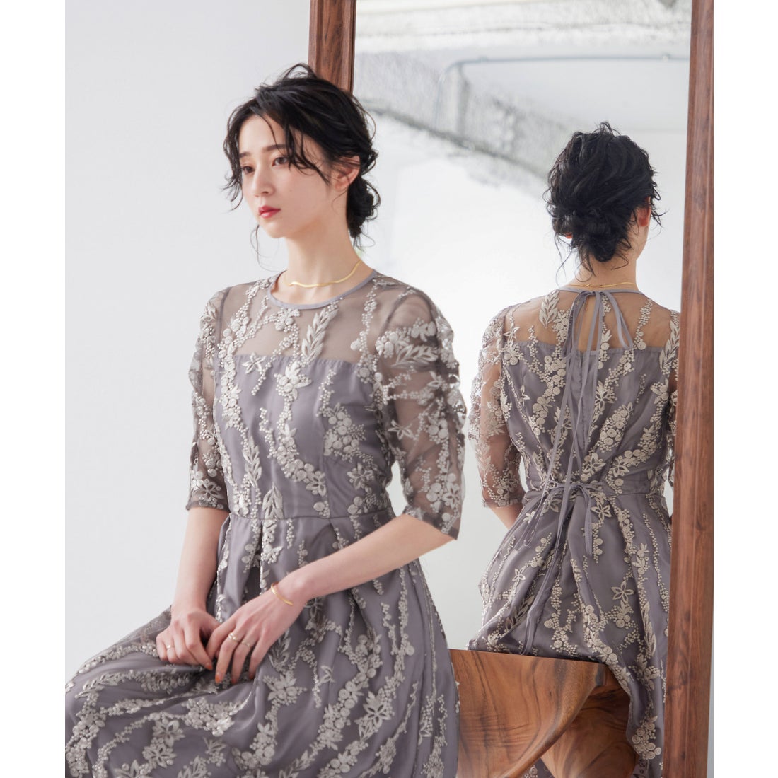 ニアナ niana 刺繍レース バックリボン パーティードレス （シルバー