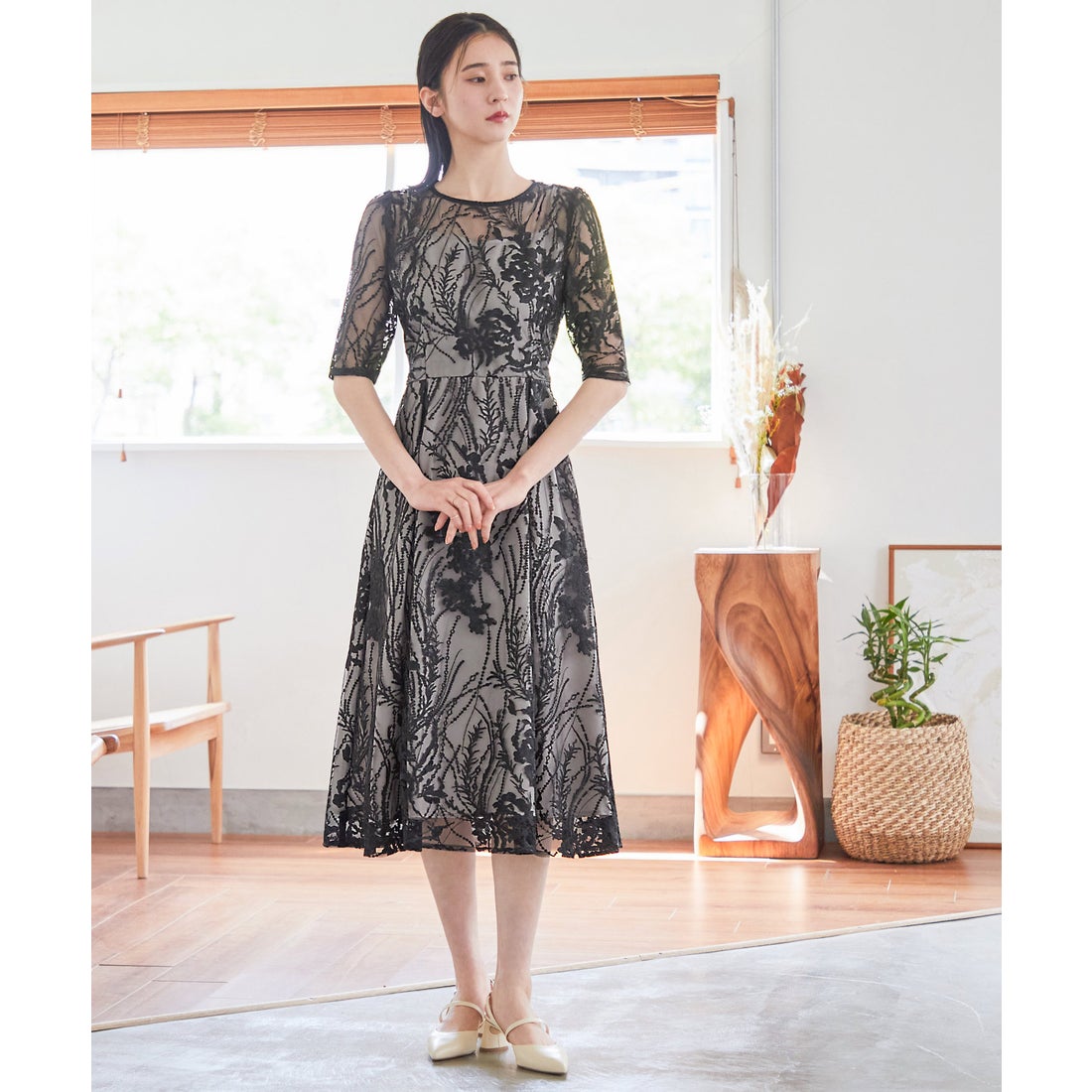 ニアナ niana 総レース バックリボン パーティードレス （ブラック