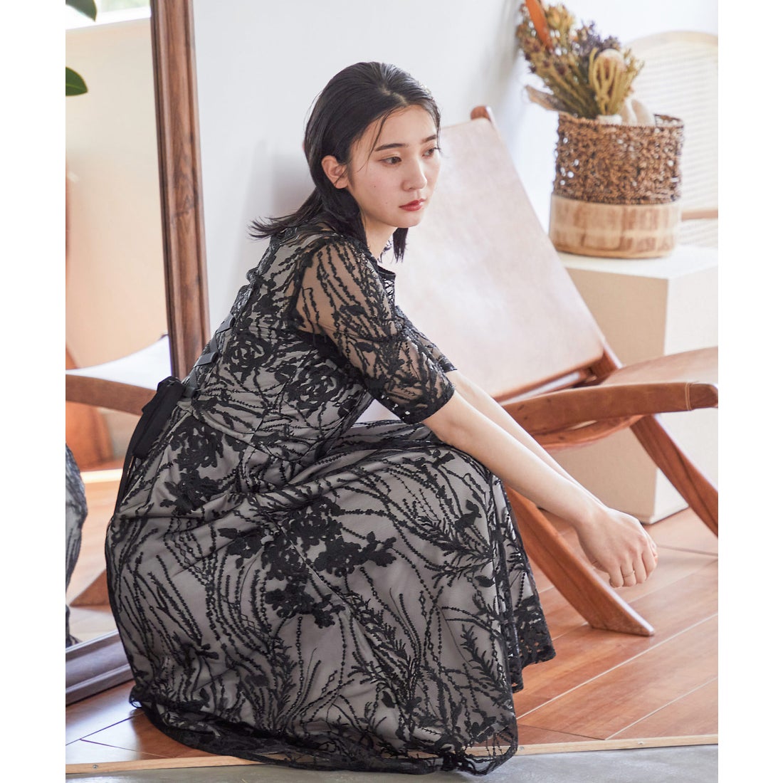 ニアナ niana 総レース バックリボン パーティードレス （ブラック