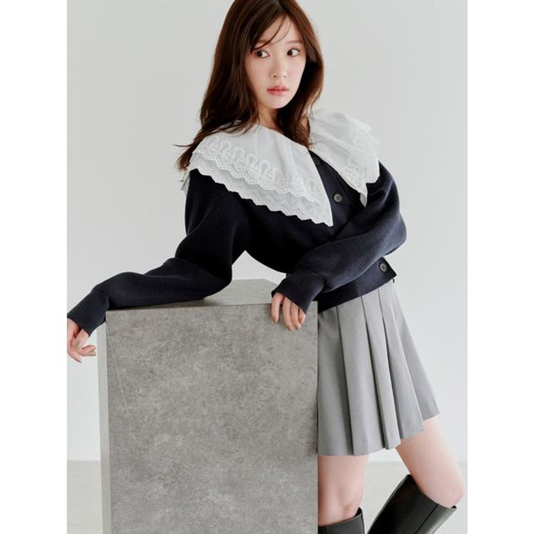 スナイデル SNIDEL レースカラーニットプルオーバー （NVY