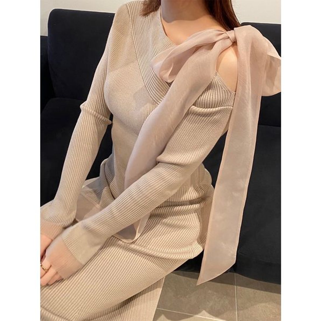 スナイデル SNIDEL ショルダーリボンアシンメニットワンピース （LBLU