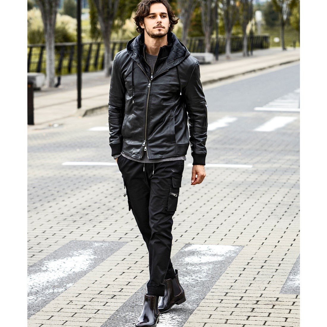 AKM Contemporary レイヤードシープレザー中綿フードジャケット -靴