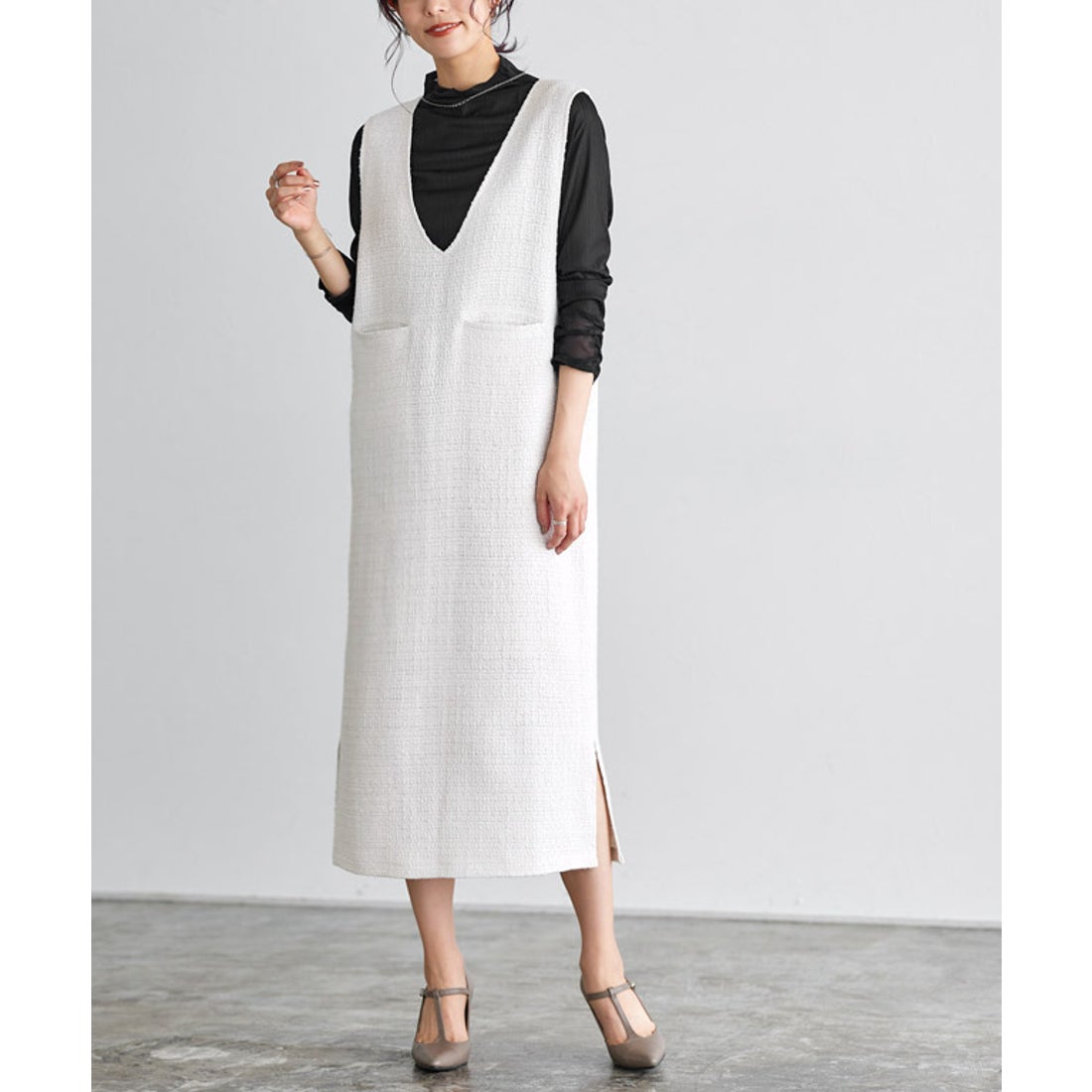 Pierrot 2wayツイードジャンパースカート （オフホワイト） -靴