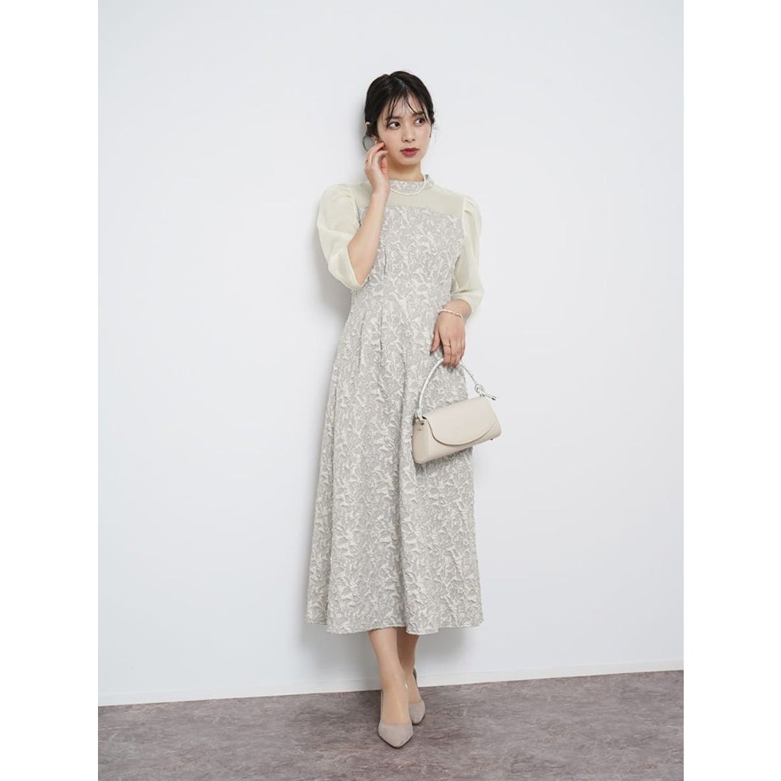 リルフェテ Rire Fete ふくれジャガードバックリボンドレス （ベージュ