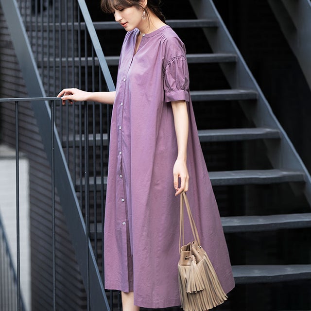 ジーラ GeeRA 綿100％バンドカラーシャツワンピース （パープル