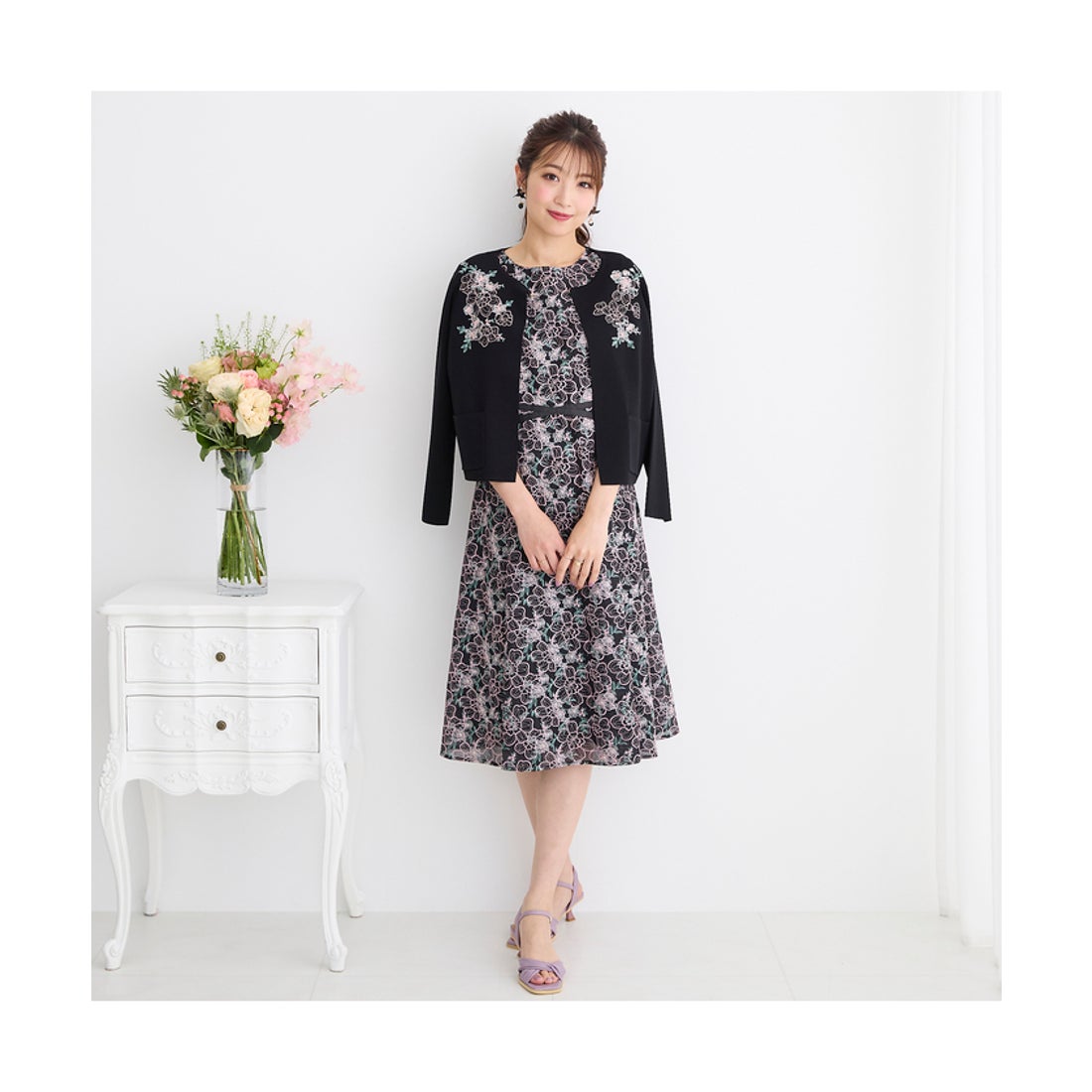 ローズティアラ RoseTiara クロスリボン刺繍ワンピース （ブラック