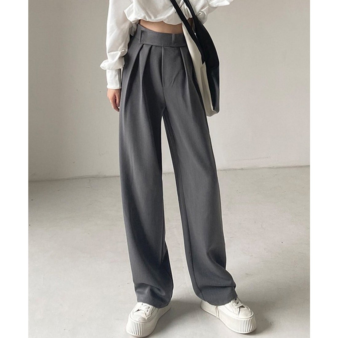 リネーム Rename 韓国風デザイン ハイウエスト スラックス （グレー