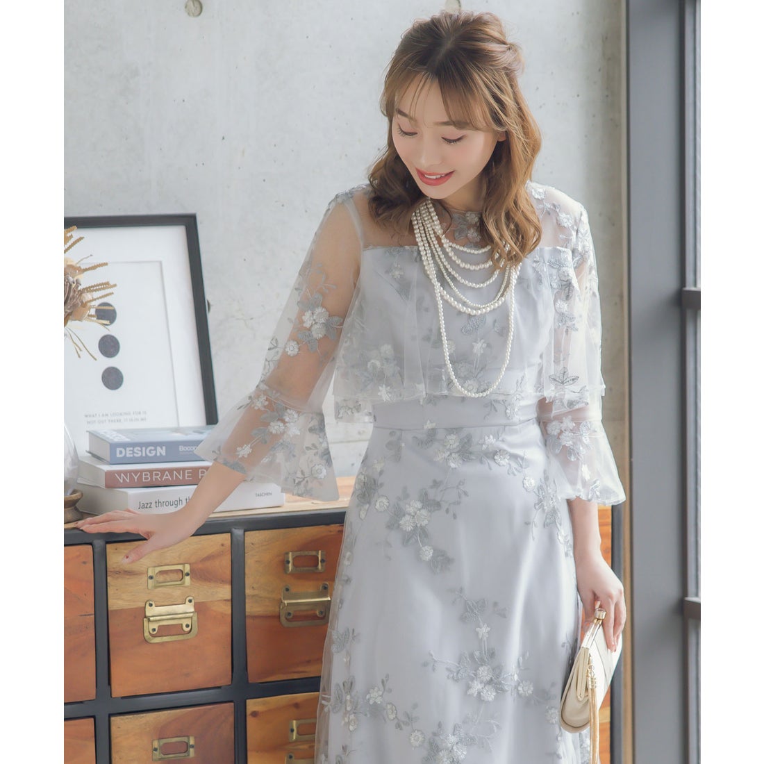 レティカ Retica パーティードレス シースルー 七分袖 花柄 刺繍