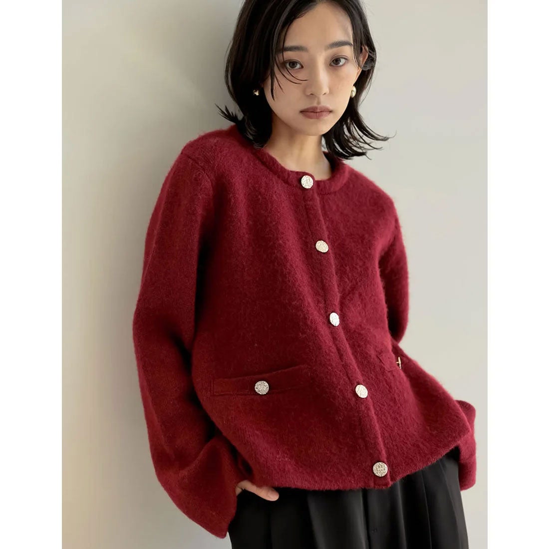 リエディ Re:EDIT 起毛ニットゴールドボタンショートカーディガン