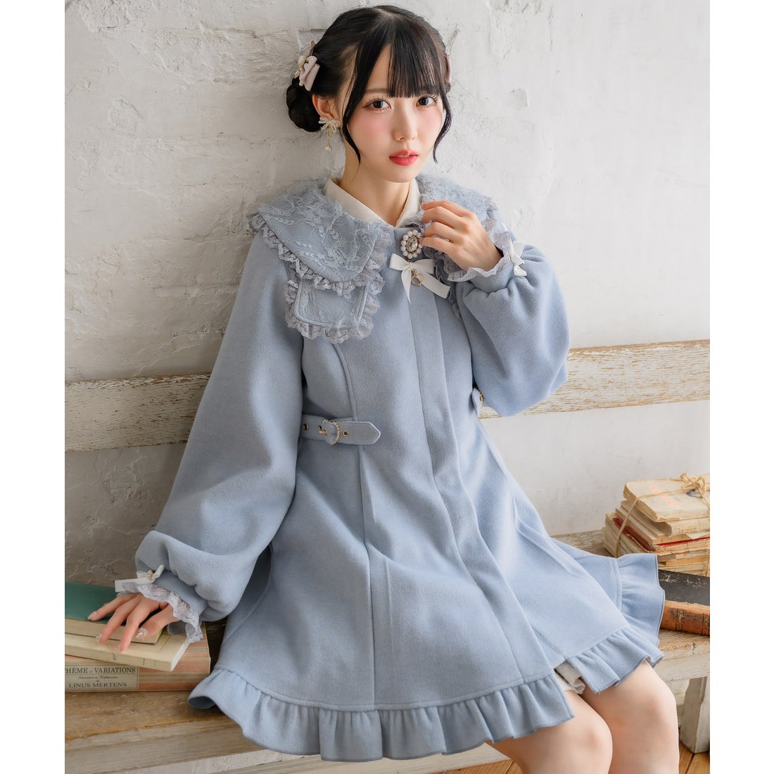 ロジータ ROJITA フェザーレースリボン衿コート （ブルー