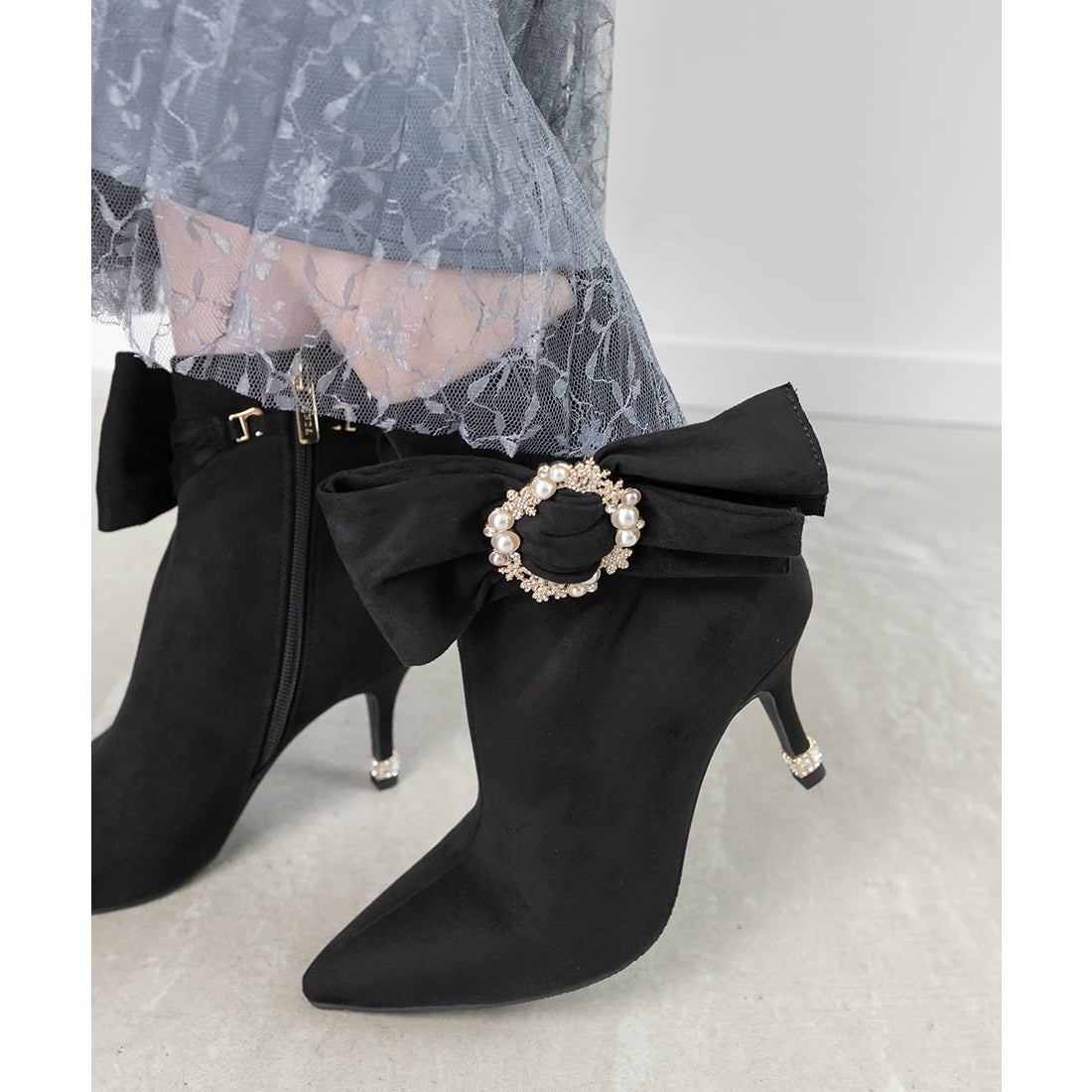 ランダ RANDA 2WAY ビジュー×リボン ショートブーツ （BLACK