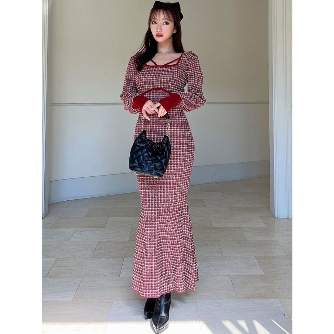 リゼクシー RESEXXY バイカラーツイードマーメイドニットワンピース