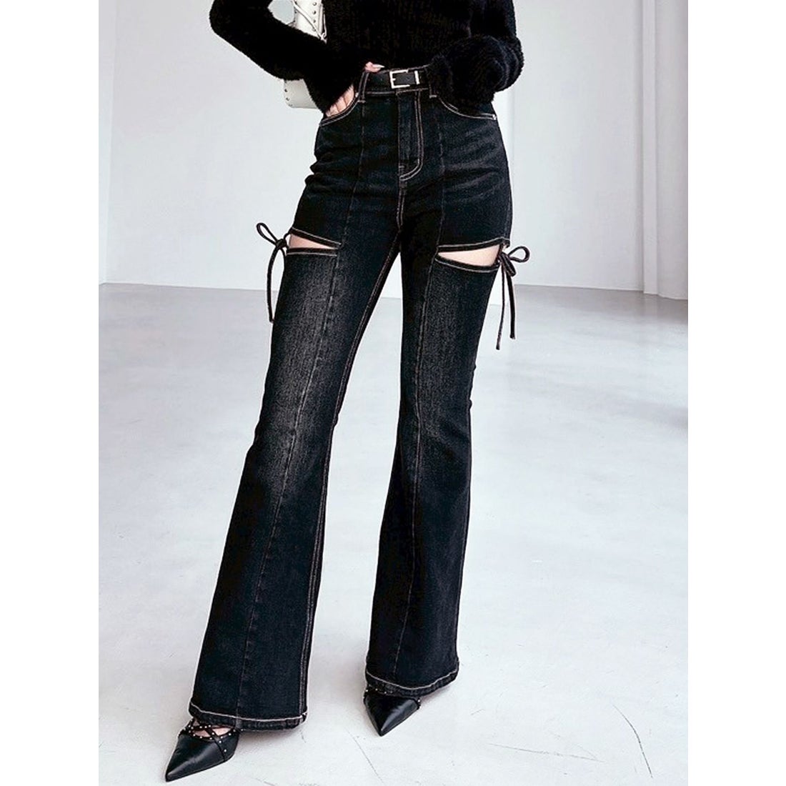 リゼクシー RESEXXY カットアウトリボンデニムパンツ （BLK） -靴