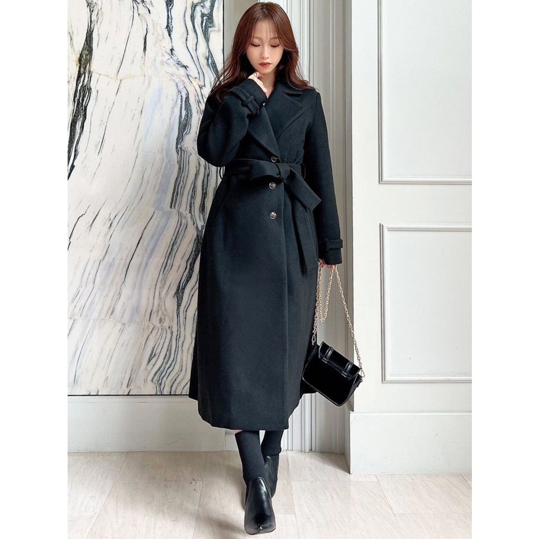 RESEXXY ビッグカラーロングコート（ブラック） -ファッション通販