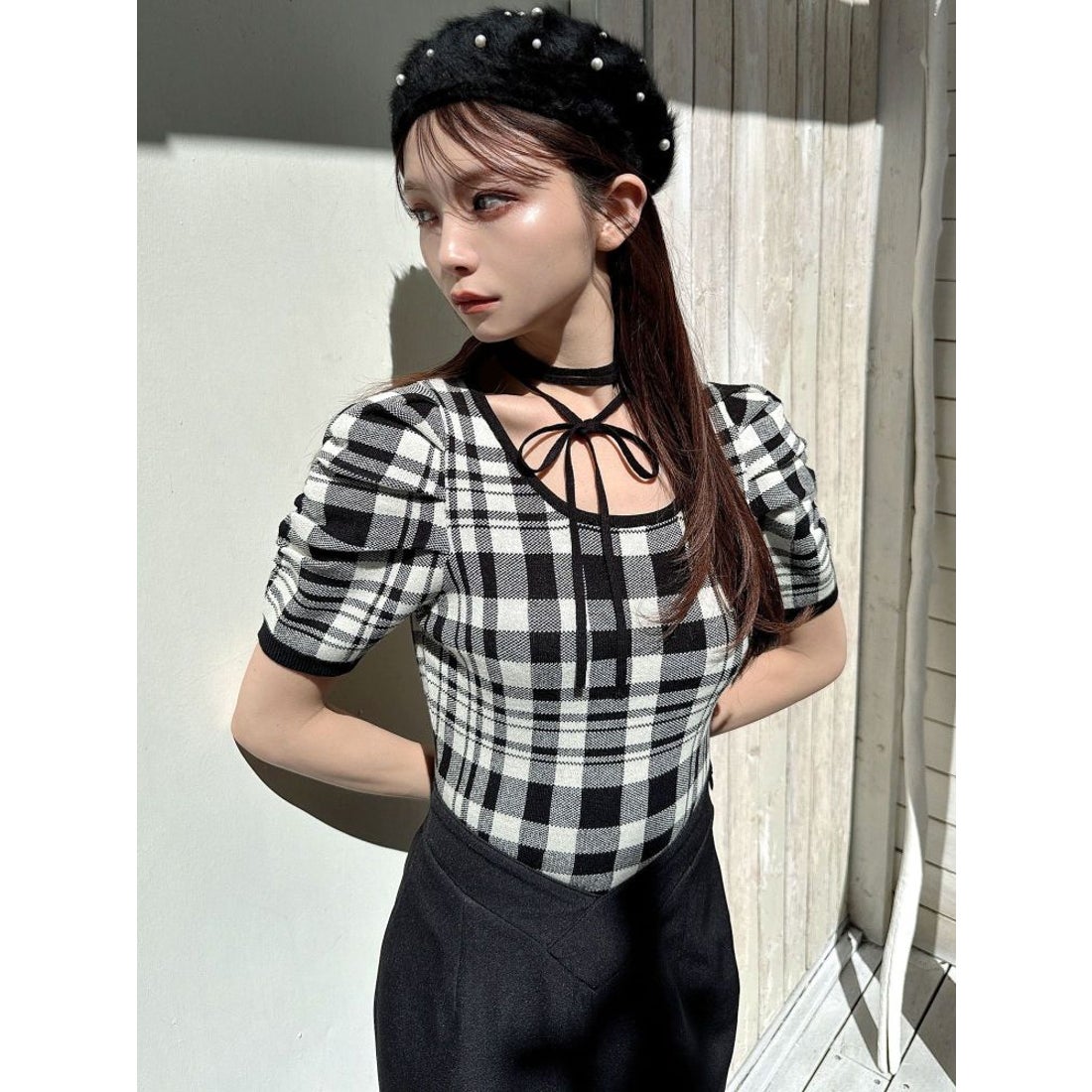 リゼクシー RESEXXY チョーカーデザインニットトップス （ブルー） -靴