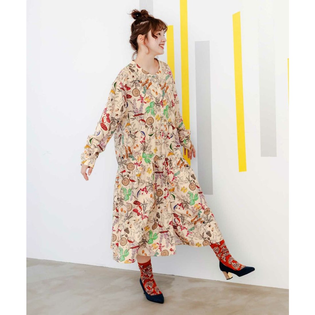 スカラー ScoLar キノコの森or花柄パッチワーク風 2柄展開ワンピース