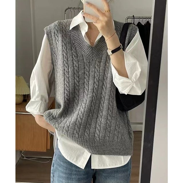 エスイーユー SEU ケーブル編みVネックニットベスト （グレー