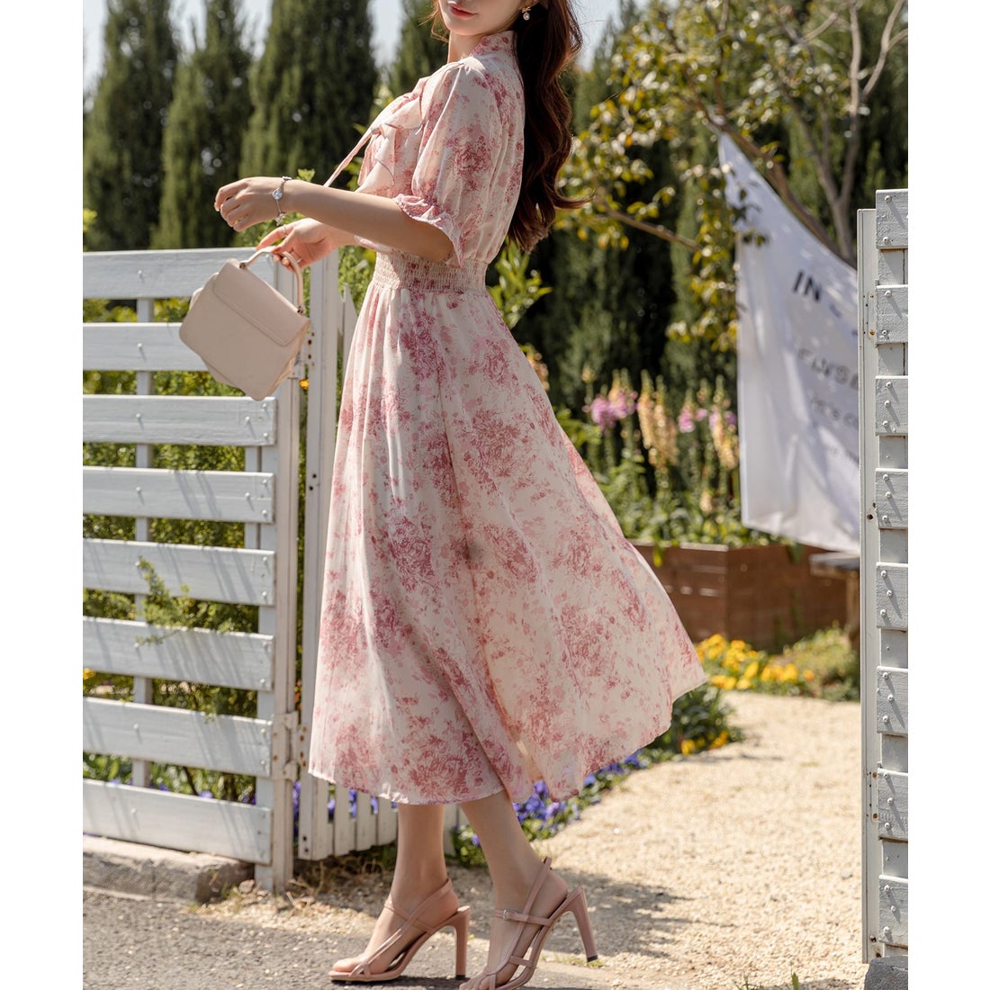 テディショップ Teddyshop レディース 小花柄ボウタイシフォンAライン