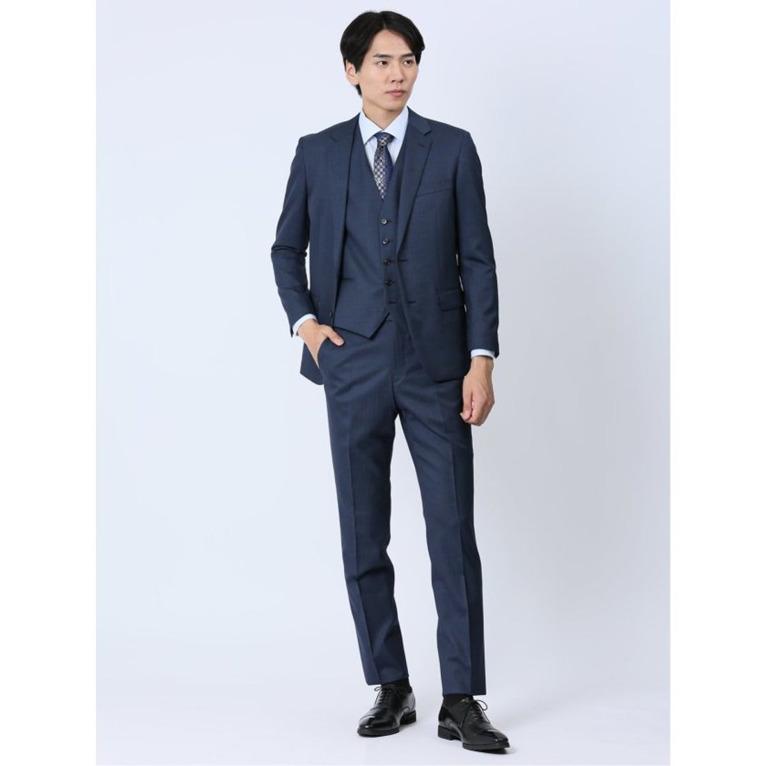 タカキュー TAKA-Q 光沢ウール混 スリムフィット 2ボタン3ピーススーツ
