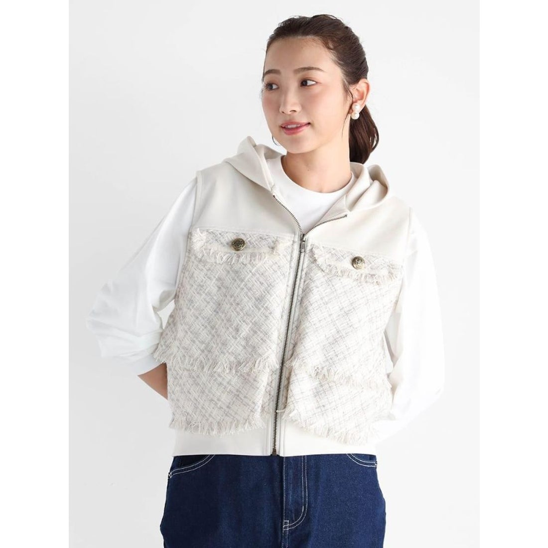 ヴァン Vin バックフリルツイードベスト （アイボリー