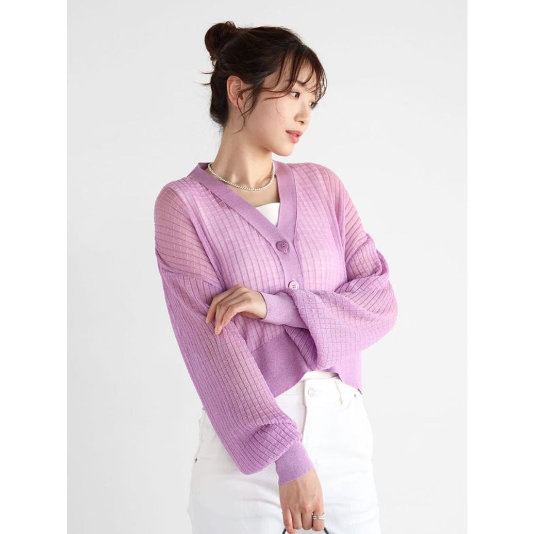 ヴァン Vin Ample クロップドシアーニットカーディガン （ラベンダー