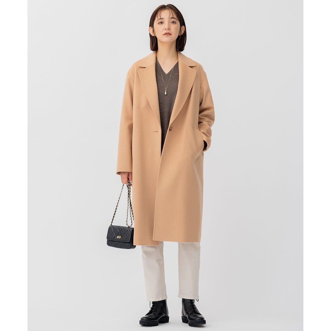 23区 ウールカシミヤビーバー チェスターコート （キャメル系） -靴