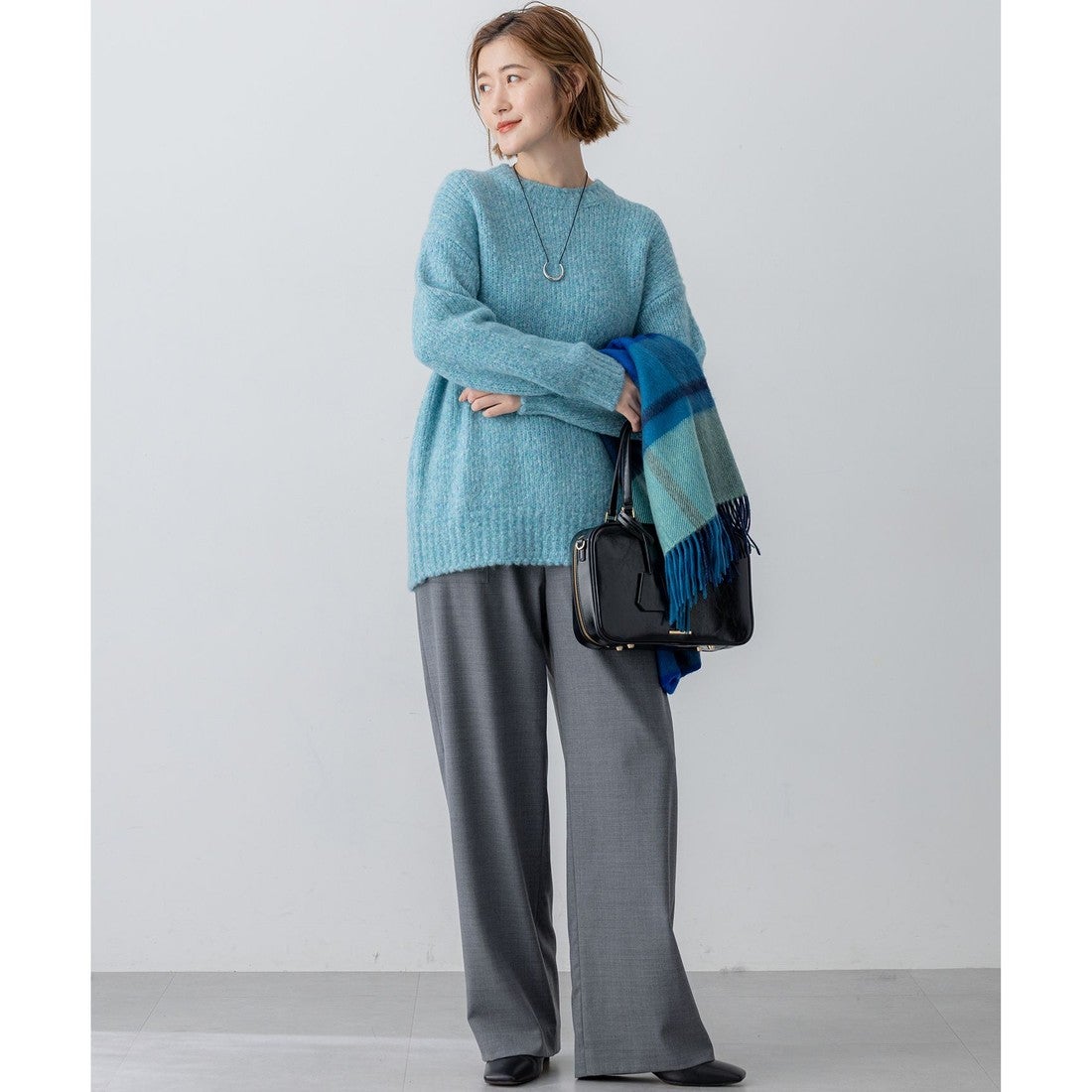 23区 カシミヤ チェック ストール （ブルー系） -ファッション通販