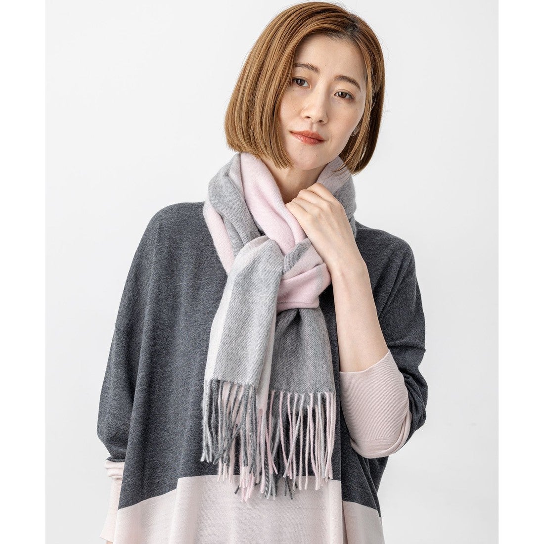 23区 カシミヤ チェック ストール （ピンク系） -靴＆ファッション通販