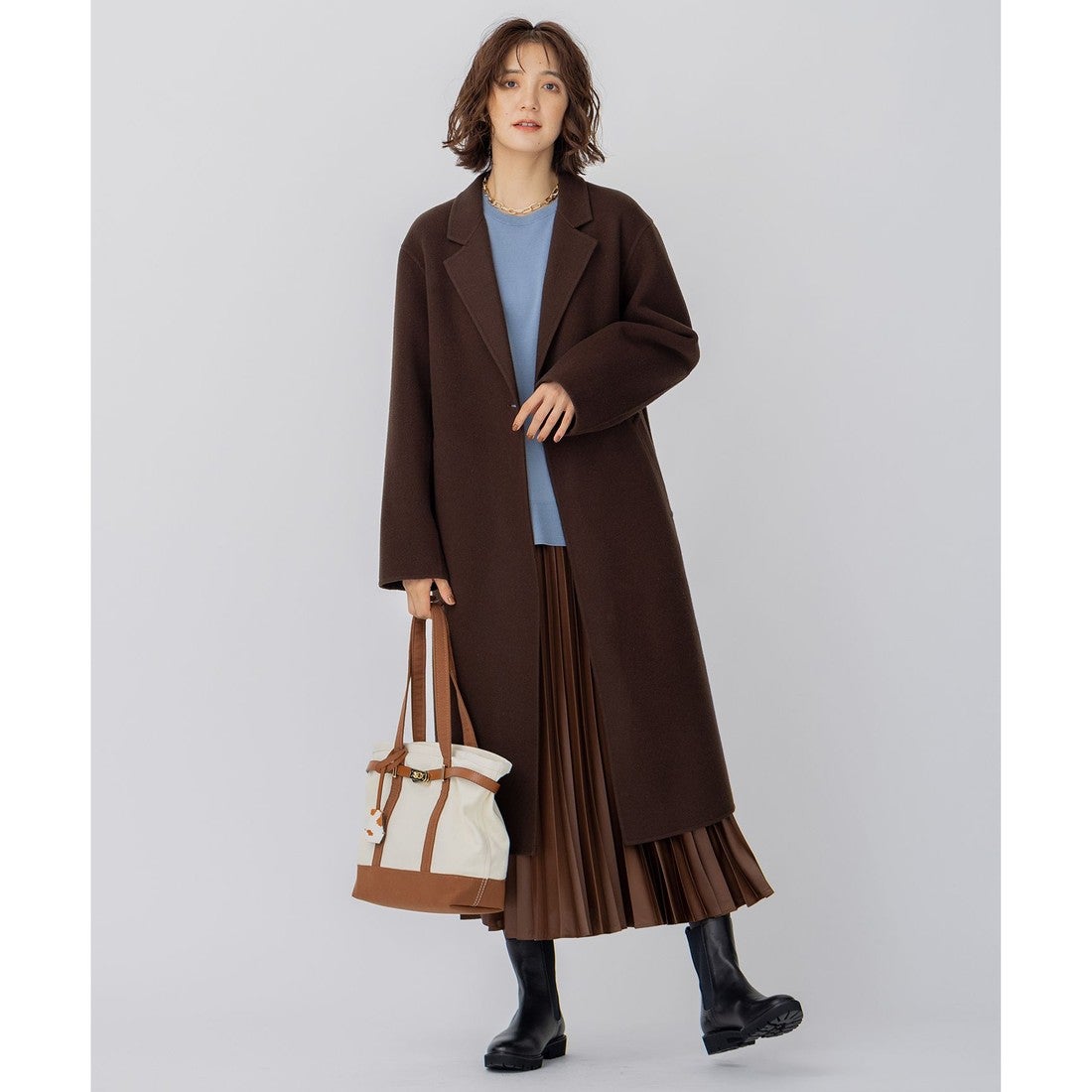 23区（大きいサイズ） ウールリバー ロングコート （ベージュ系） -靴